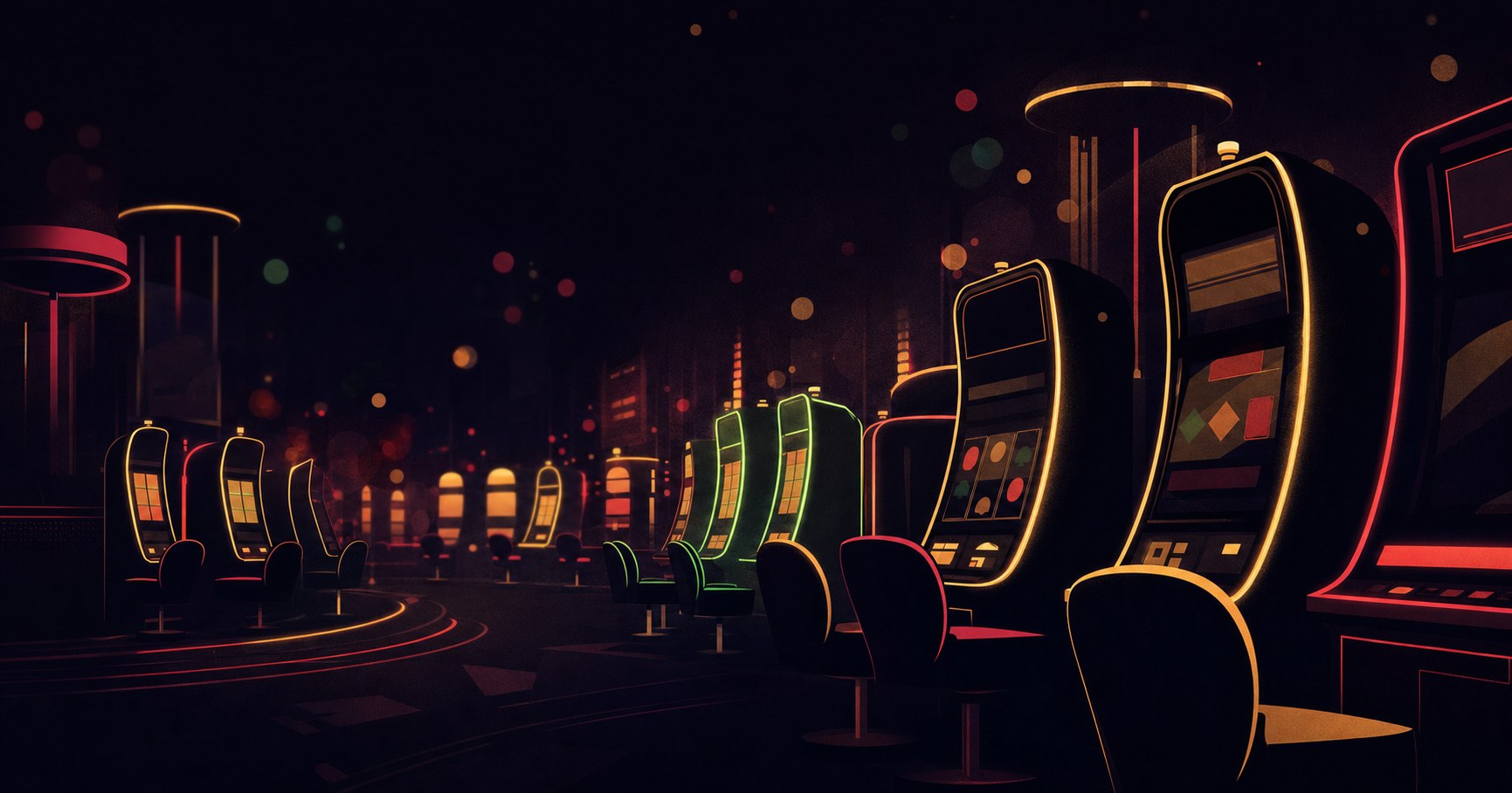 Illustration av glödande slothjul och neonljus i en mörk casinomiljö