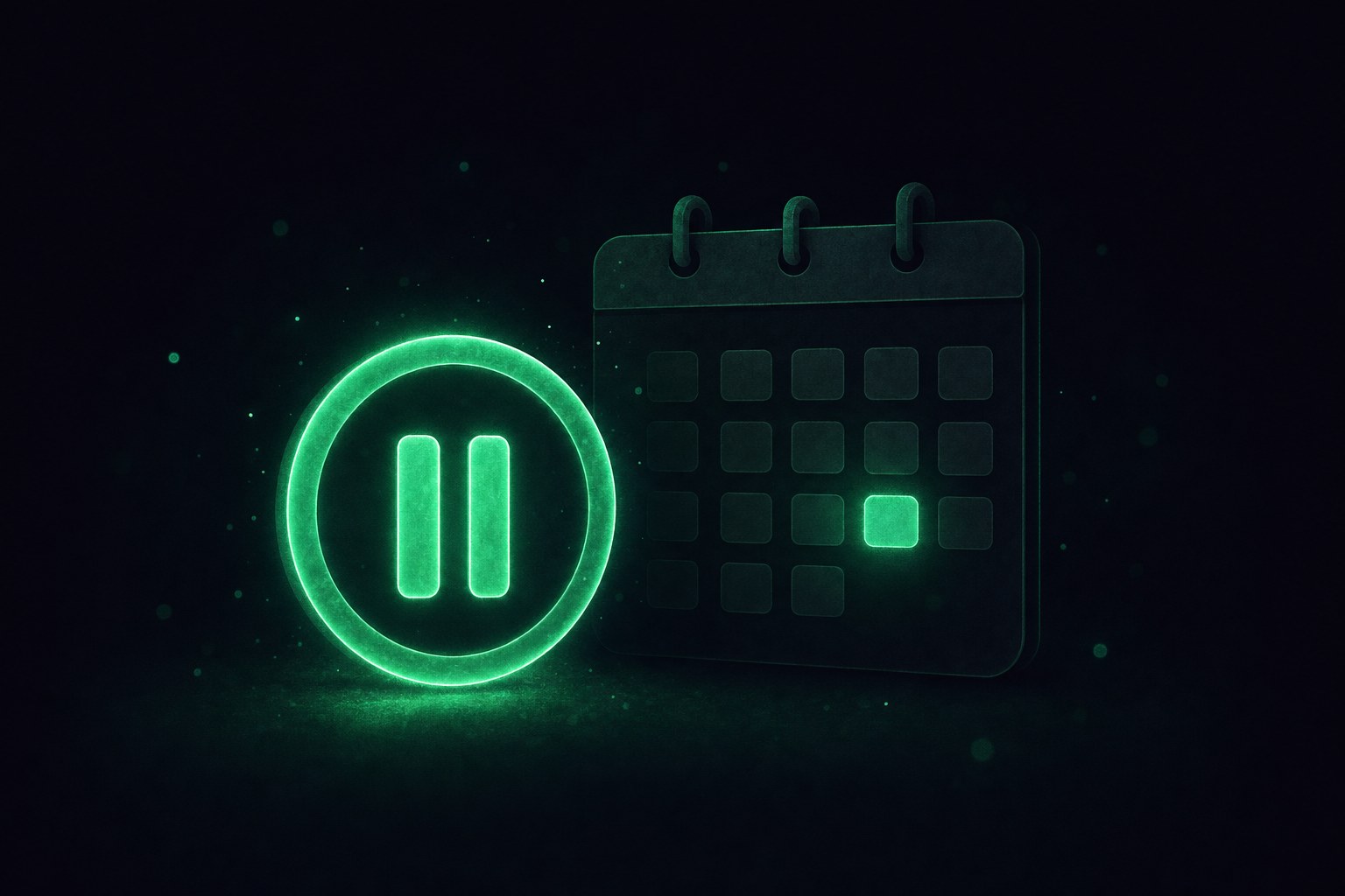 Illustration av en glödande pausknapp i neongrönt bredvid en kalender mot mörk bakgrund, som symboliserar Spelpaus-registret