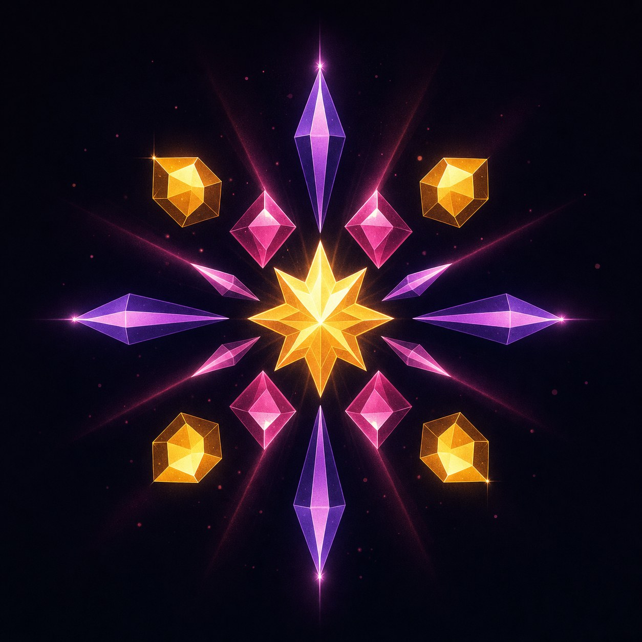 Illustration av lysande ädelstenar i neonfärger i ett symmetriskt stjärnmönster mot en mörk bakgrund, inspirerat av slotspelet Starburst